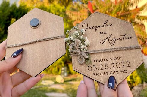 Wooden-Floral Personalized Wedding Favors for Guests, Wedding Party Favors Magnets with Envelopes and Stickers, Pack of 12 to 300 in Saudi Arabia