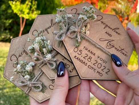 Wooden-Floral Personalized Wedding Favors for Guests, Wedding Party Favors Magnets with Envelopes and Stickers, Pack of 12 to 300 in Saudi Arabia