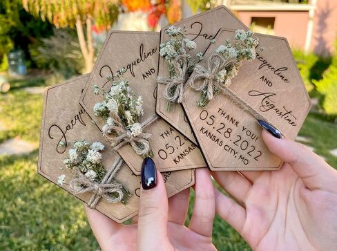 Wooden-Floral Personalized Wedding Favors for Guests, Wedding Party Favors Magnets with Envelopes and Stickers, Pack of 12 to 300 in Saudi Arabia