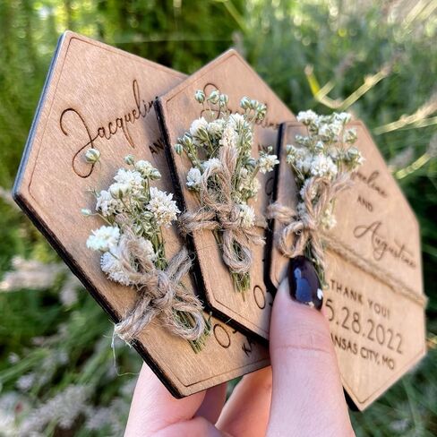 Wooden-Floral Personalized Wedding Favors for Guests, Wedding Party Favors Magnets with Envelopes and Stickers, Pack of 12 to 300 in Saudi Arabia