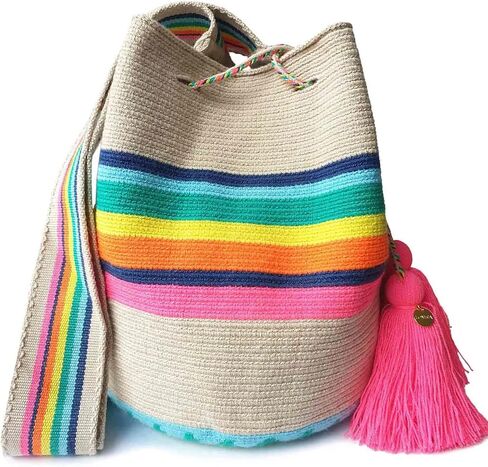 Colombian WAYUU Bag, Original Crochet Crossbody, Handmade Colombian Bucket Bag, Ethical Purse, Artisanmade Mochila (Rainbow) in Saudi Arabia