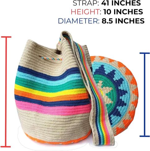Colombian WAYUU Bag, Original Crochet Crossbody, Handmade Colombian Bucket Bag, Ethical Purse, Artisanmade Mochila (Rainbow) in Saudi Arabia