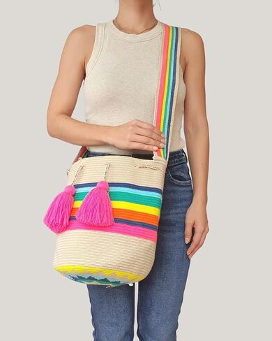 Colombian WAYUU Bag, Original Crochet Crossbody, Handmade Colombian Bucket Bag, Ethical Purse, Artisanmade Mochila (Rainbow) in Saudi Arabia