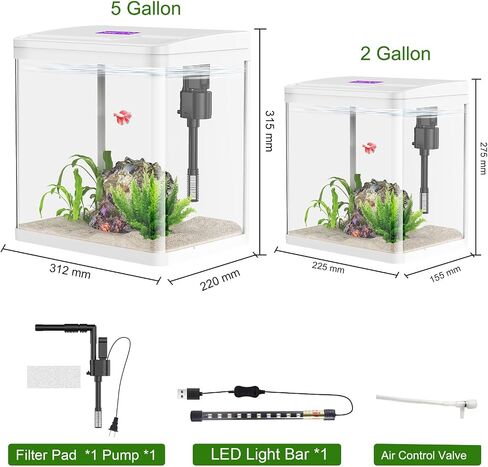 2 Gallon Glass Small Fish Tank Starter Kits - Betta Fish Tank with Filter and Light, Self-Cleaning Fish Tank. in Saudi Arabia