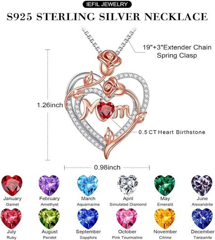 Iefil Valentines Day Gifts for Mom - 925 Sterling Silver Rose Heart Birthstone Necklace, Mom Birthday Gifts Mothers Day Gifts for Mom from Daughter in Saudi Arabia