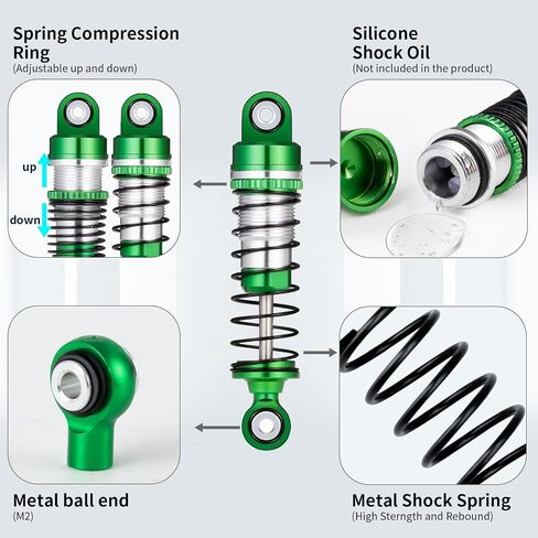 4Pcs JGGZONE All Aluminum Front & Rear Shocks Assembled Threaded Oil-Filled Damper Shocks with Spring for 1/18 RC Crawler FMS FCX18 LC80 Upgrade (Green) in Saudi Arabia