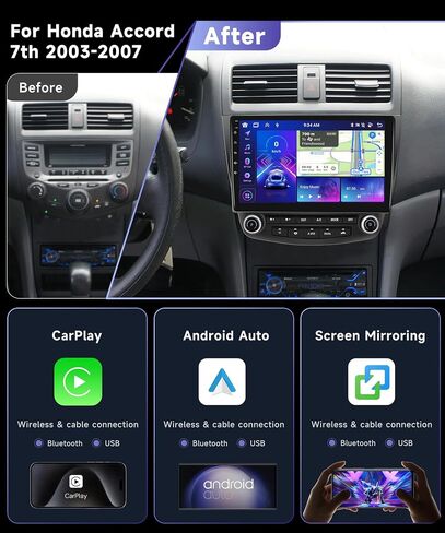 Podofo 8 Core 4G+64G Car Stereo Radio for Honda Accord 7th 2003-2007 with Wireless CarPlay Android Auto 10.1'' 1280 * 720P IPS Touch Screen BT 5.0 GPS FM/RDS WiFi/4G DSP/46 EQ AHD Backup Camera in Saudi Arabia