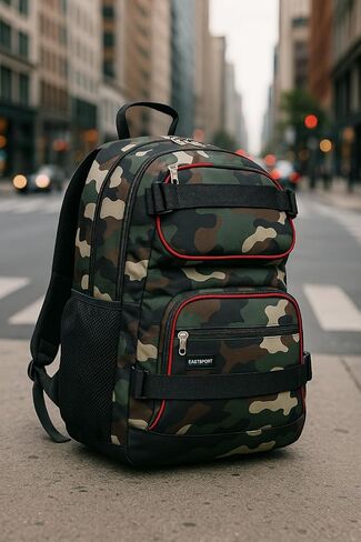 Eastsport Travel Skateboard Backpack Double Strap Laptop Bag تصميم متعدد الرياضات للرجال والنساء، أسود شامبراي in Kuwait
