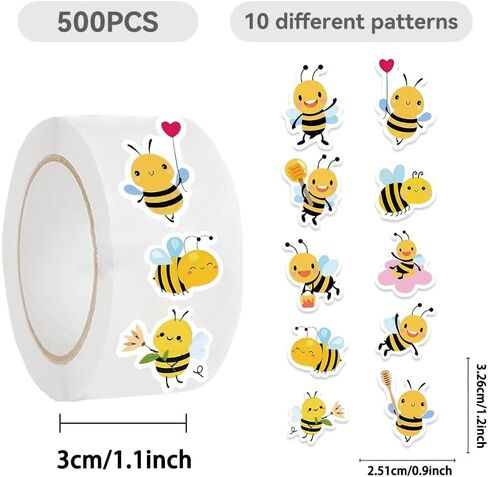 ملصقات 500pcs bee roll 10 أنماط أنماط الظروف ملصقات ملصقات حيوانات لطيف للأطفال لمكافأة ملصق للطلاب الذين يحملون طراف الطرف (500 لكل لفة) in Kuwait