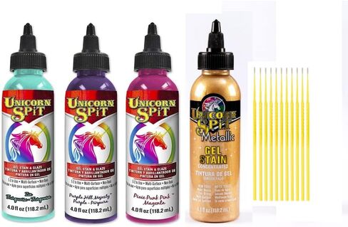 Unicorn SPiT Gel and Glaze Stain Celebration Collection: 4, 4oz. Bottles with Trebbies Detail Sticks (Zia Teal, Purple Hill Majesty, Pixie Punk Pink, Zeus Gold) in Saudi Arabia