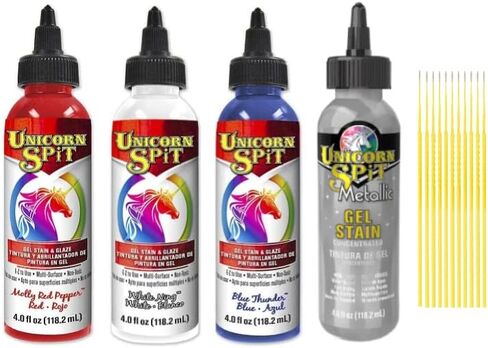 Unicorn SPiT Gel and Glaze Stain Celebration Collection: 4, 4oz. Bottles with Trebbies Detail Sticks (Zia Teal, Purple Hill Majesty, Pixie Punk Pink, Zeus Gold) in Saudi Arabia