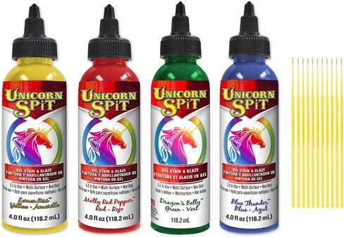 Unicorn SPiT Gel and Glaze Stain Celebration Collection: 4, 4oz. Bottles with Trebbies Detail Sticks (Zia Teal, Purple Hill Majesty, Pixie Punk Pink, Zeus Gold) in Saudi Arabia