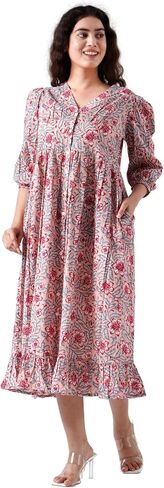 Indigo Bloom V-Neck Cotton Boho Midi Dress with Pockets Handmade Summer Beach Dress in Saudi Arabia