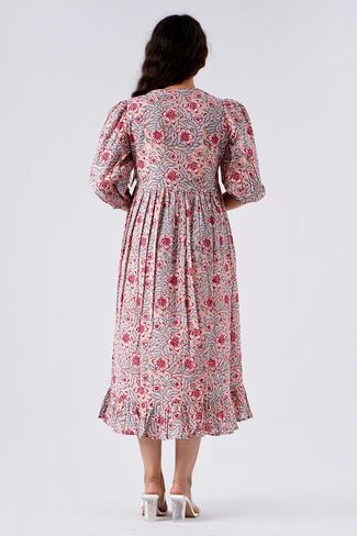 Indigo Bloom V-Neck Cotton Boho Midi Dress with Pockets Handmade Summer Beach Dress in Saudi Arabia