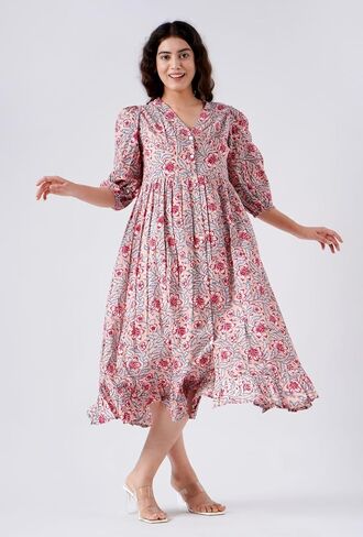 Indigo Bloom V-Neck Cotton Boho Midi Dress with Pockets Handmade Summer Beach Dress in Saudi Arabia