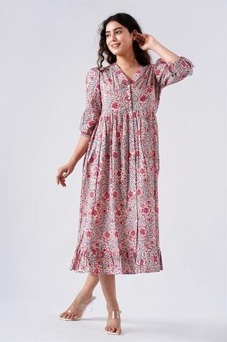 Indigo Bloom V-Neck Cotton Boho Midi Dress with Pockets Handmade Summer Beach Dress in Saudi Arabia
