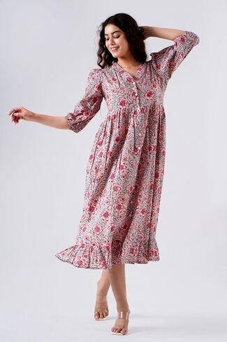 Indigo Bloom V-Neck Cotton Boho Midi Dress with Pockets Handmade Summer Beach Dress in Saudi Arabia