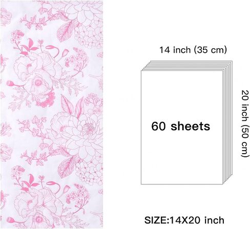 WRAPAHOLIC Pink Floral Tissue Paper - 60 Sheets 14 x 20 Inch Vintage Pink White Flower Tissue Paper Bulk for Wedding Birthday Bridal Shower Art Craft Tea Party Favor Decoration in Saudi Arabia