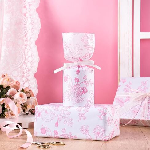 WRAPAHOLIC Pink Floral Tissue Paper - 60 Sheets 14 x 20 Inch Vintage Pink White Flower Tissue Paper Bulk for Wedding Birthday Bridal Shower Art Craft Tea Party Favor Decoration in Saudi Arabia