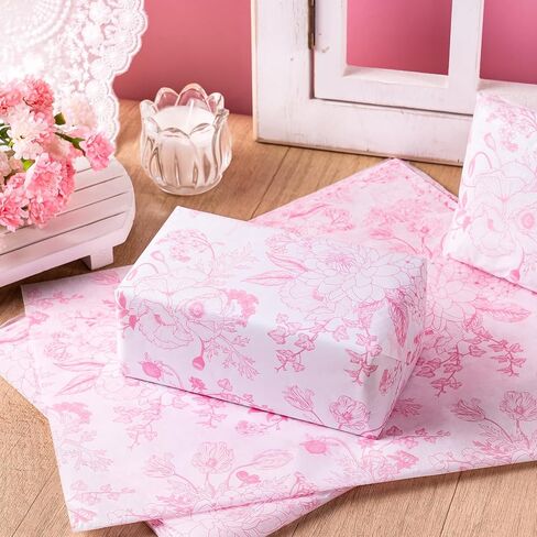 WRAPAHOLIC Pink Floral Tissue Paper - 60 Sheets 14 x 20 Inch Vintage Pink White Flower Tissue Paper Bulk for Wedding Birthday Bridal Shower Art Craft Tea Party Favor Decoration in Saudi Arabia