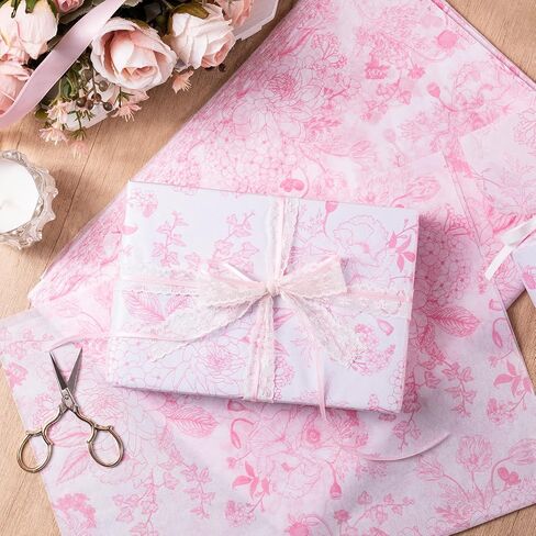 WRAPAHOLIC Pink Floral Tissue Paper - 60 Sheets 14 x 20 Inch Vintage Pink White Flower Tissue Paper Bulk for Wedding Birthday Bridal Shower Art Craft Tea Party Favor Decoration in Saudi Arabia