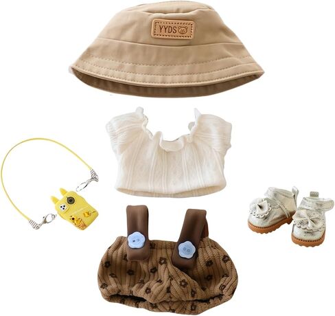 Clothes for Dolls Accessories (No Doll), Cute Outfit Set 5 Pieces Bib Pants for 15 & 17cm Doll Suit, Stylish Dress Up Overalls Doll Clothing Set Replacement with Hat Clothes Shoes Brown in Kuwait