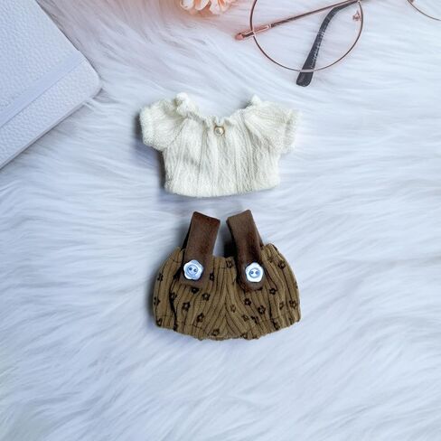 Clothes for Dolls Accessories (No Doll), Cute Outfit Set 5 Pieces Bib Pants for 15 & 17cm Doll Suit, Stylish Dress Up Overalls Doll Clothing Set Replacement with Hat Clothes Shoes Brown in Kuwait