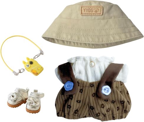 Clothes for Dolls Accessories (No Doll), Cute Outfit Set 5 Pieces Bib Pants for 15 & 17cm Doll Suit, Stylish Dress Up Overalls Doll Clothing Set Replacement with Hat Clothes Shoes Brown in Kuwait