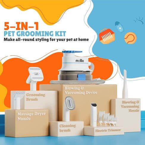 mollie Pet Grooming Kit 3-in-1 Drying & Cleaning & Cutting Pet Hair, Grooming Vacuum with 5 Pet Grooming Tools and 4 Clipper Guards for Large Doggy Cats, 4L Large Dust Box, Blue in Saudi Arabia