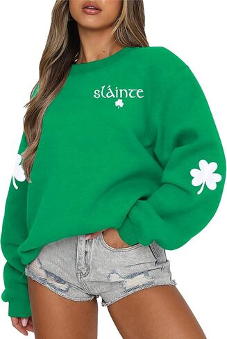 MOUSYA St Patricks Day البلوز المرأة Slainte قمصان St Pattys قميص شامروك البرسيم ملابس منقوشة بكم طويل بلايز in Kuwait