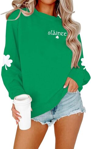 MOUSYA St Patricks Day البلوز المرأة Slainte قمصان St Pattys قميص شامروك البرسيم ملابس منقوشة بكم طويل بلايز in Kuwait