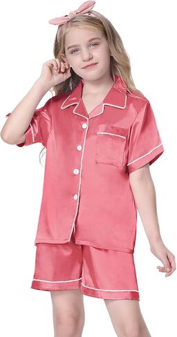 Schbbbta Satin Pajamas for Womens, Silk Pajamas 2 Pcs Button Down Sleepwear Short Sleeve Loungewear Outfit for Womens, Pink + White Lace, Small in Saudi Arabia