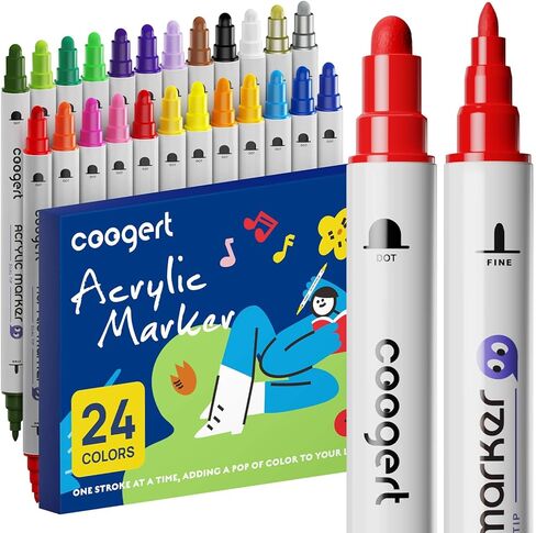 24 Dual Tip Acrylic Paint Markers, 1-5mm Dot Tip 1mm Fine Tip Acrylic Paint Pens For Rock Painting, Canvas, Wood, Glass, Ceramic, Fabric, Plastic, Egg, Art Painting Supplies Kit in Kuwait