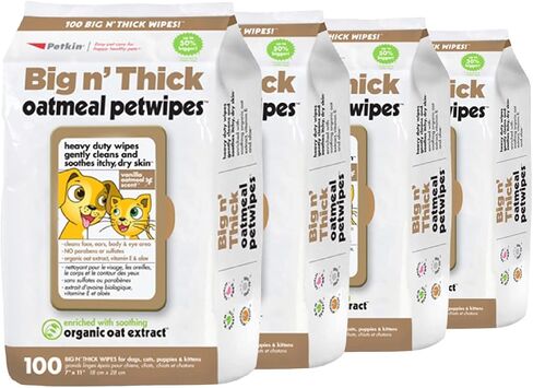 مناديل Petkin Pet للكلاب والقطط ، دقيق الشوفان ، 100 مناديل (كبيرة) للكلاب والقطط - تهدئة الجلد الجاف الحكة وتنظف الأذنين ، الوجه ، المؤخرة ، الجسد ومنطقة العين - فكرة للمنزل والسفر in Kuwait