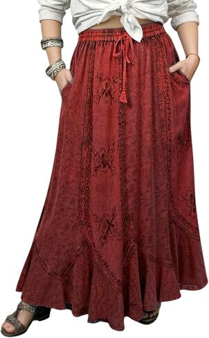 Agan Traders Women's Peasant Medieval High Waistband A Line Drawstring Long Embroidered Lace Hem Maxi Skirt Plus Size 2X 3X in Kuwait