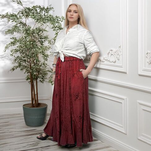 Agan Traders Women's Peasant Medieval High Waistband A Line Drawstring Long Embroidered Lace Hem Maxi Skirt Plus Size 2X 3X in Kuwait
