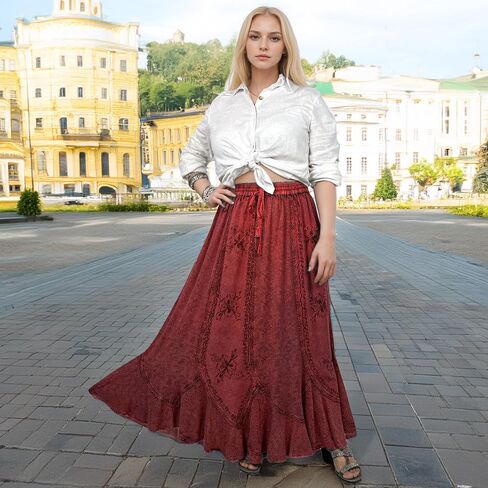 Agan Traders Women's Peasant Medieval High Waistband A Line Drawstring Long Embroidered Lace Hem Maxi Skirt Plus Size 2X 3X in Kuwait
