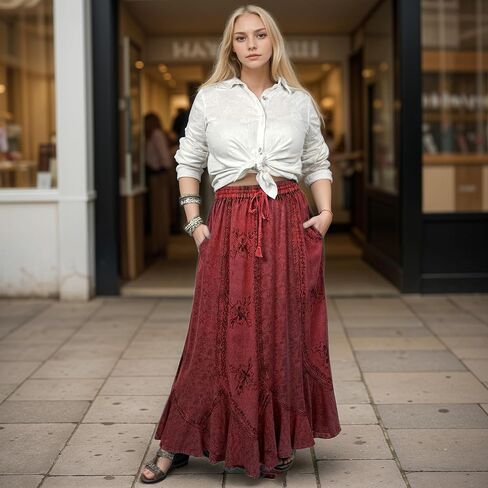 Agan Traders Women's Peasant Medieval High Waistband A Line Drawstring Long Embroidered Lace Hem Maxi Skirt Plus Size 2X 3X in Kuwait