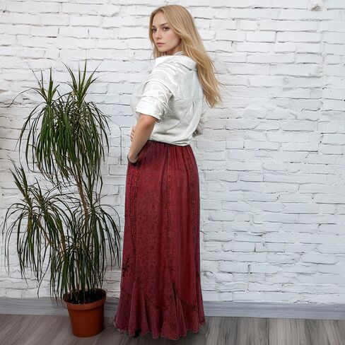 Agan Traders Women's Peasant Medieval High Waistband A Line Drawstring Long Embroidered Lace Hem Maxi Skirt Plus Size 2X 3X in Kuwait