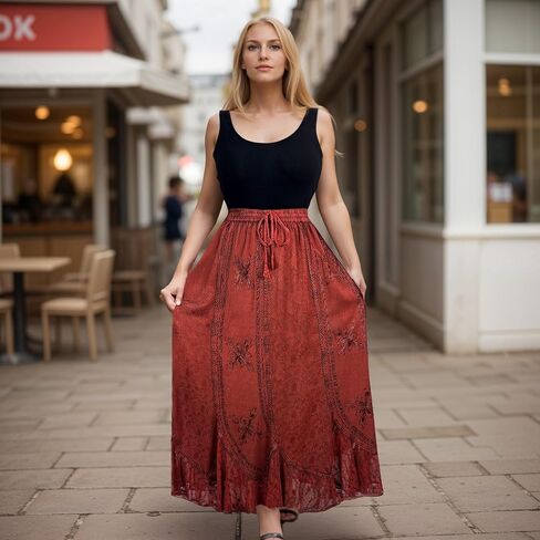 Agan Traders Women's Peasant Medieval High Waistband A Line Drawstring Long Embroidered Lace Hem Maxi Skirt Plus Size 2X 3X in Kuwait