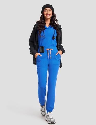 POPVIOLET High Waisted Jogger Medical Scrub Pants Women - 7 Pockets Stretch Knit Drawstring Yoga Waistband Slim Fit Pants in Kuwait