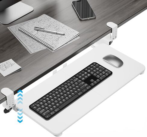 Keyboard Tray Under Desk, Pull Out Keyboard & Mouse Tray with Adjustable C-clamp, 25.6(31.5 Including Clamps) x 11.8 Inch Slide Out Computer Keyboard Drawer Mouse Tray for Typing,White in Kuwait
