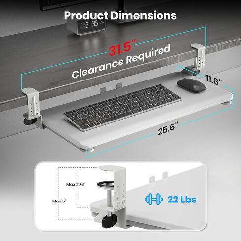 Keyboard Tray Under Desk, Pull Out Keyboard & Mouse Tray with Adjustable C-clamp, 25.6(31.5 Including Clamps) x 11.8 Inch Slide Out Computer Keyboard Drawer Mouse Tray for Typing,White in Kuwait