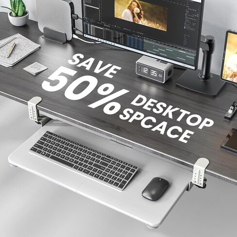 Keyboard Tray Under Desk, Pull Out Keyboard & Mouse Tray with Adjustable C-clamp, 25.6(31.5 Including Clamps) x 11.8 Inch Slide Out Computer Keyboard Drawer Mouse Tray for Typing,White in Kuwait