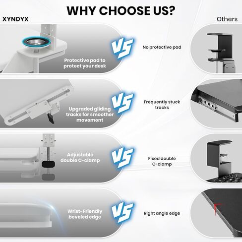 Keyboard Tray Under Desk, Pull Out Keyboard & Mouse Tray with Adjustable C-clamp, 25.6(31.5 Including Clamps) x 11.8 Inch Slide Out Computer Keyboard Drawer Mouse Tray for Typing,White in Kuwait