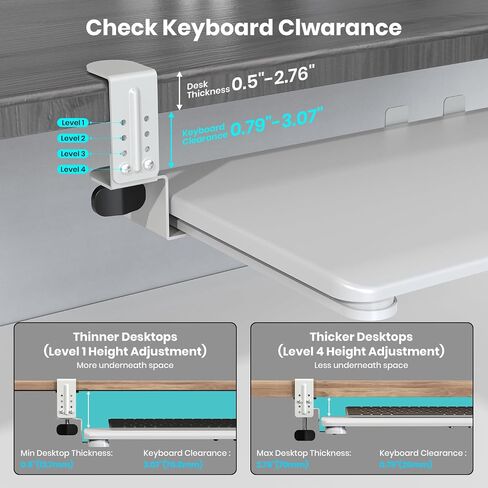 Keyboard Tray Under Desk, Pull Out Keyboard & Mouse Tray with Adjustable C-clamp, 25.6(31.5 Including Clamps) x 11.8 Inch Slide Out Computer Keyboard Drawer Mouse Tray for Typing,White in Kuwait