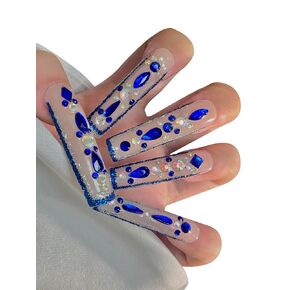 HAND-PAINTED White False Nails Set Coffin Press on Nails Pressons Kit Medium Length Stick on Nails Shoot Nail Art Short Nails with Nail Glue on Nails Square, Long Almond Nail (K26, Small)