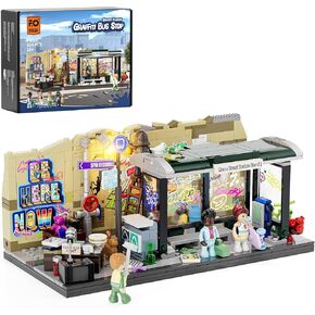 FUNWHOLE Graffiti Bus Stop Lighting Building Bricks Set - Street Fusion City Town Bus Station with LED Lgiht Multi-Form Modular Collection Kit 514 Pcs for Adults & Teens & Street Culture Lovers