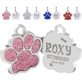 Dog Tags Personalized for Pets Dog Tag Cat Tags Personalized Dog Name Tags Personalized Dog Tags Custom Dog Tags Dog ID Tags Engraved Small Glitter Bling Paw Print(Pink Design 4)