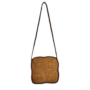 PATTERN. Handmade cross body bag, crochet from natural vegan-friendly raffia yarn, unlined, lovely gift for yourself, friend, mother or grandmother, 9.5 x 9.5 x 2 in, mustard color with brown corners